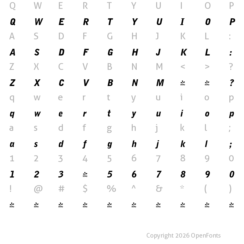 Character Map of FONTSPRING DEMO - Bell Gothic Black Italic