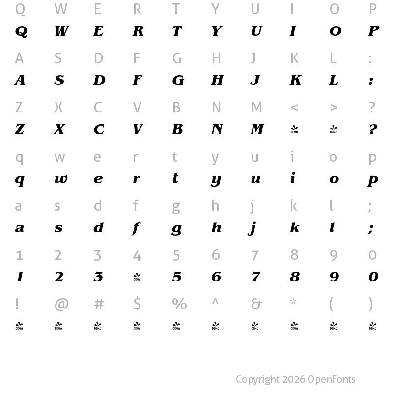 Character Map of FONTSPRING DEMO - Benecarlo Bold Italic