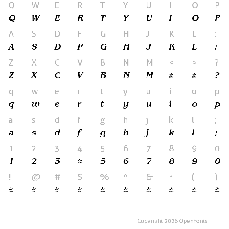 Character Map of FONTSPRING DEMO - Benecarlo Md Italic