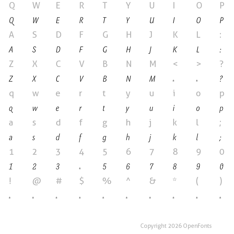 Character Map of FONTSPRING DEMO - Benedikt ExtraLight Italic