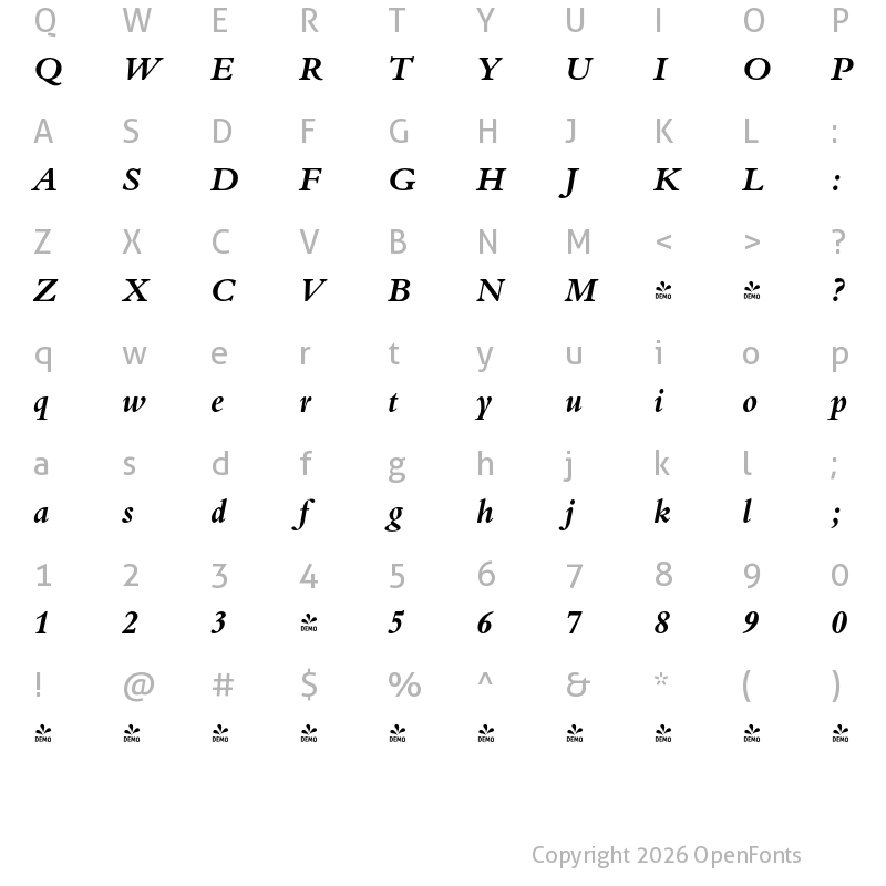 Character Map of FONTSPRING DEMO - Bergamo Pro Bold Italic