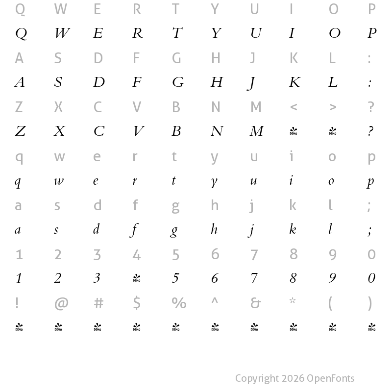Character Map of FONTSPRING DEMO - Bergamo Pro Italic