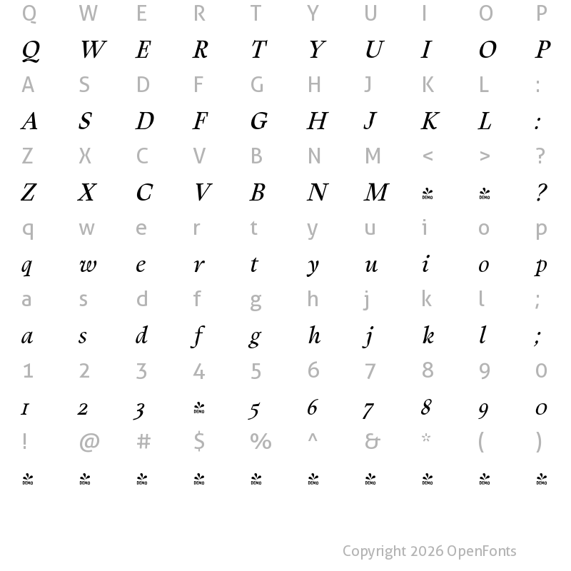 Character Map of FONTSPRING DEMO - Berganza Italic
