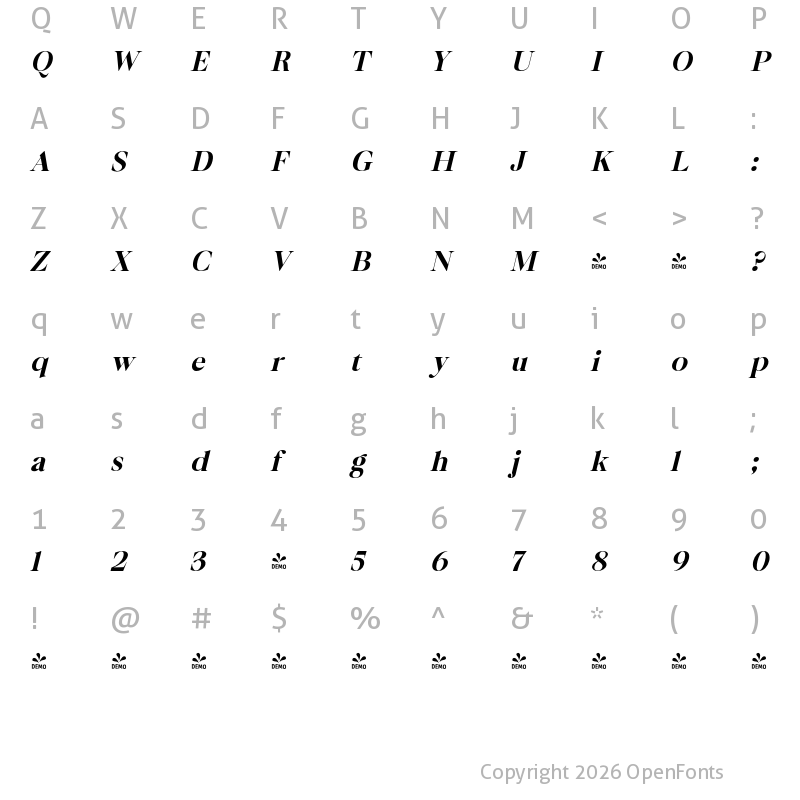 Character Map of FONTSPRING DEMO - Bermula ExtBd Italic