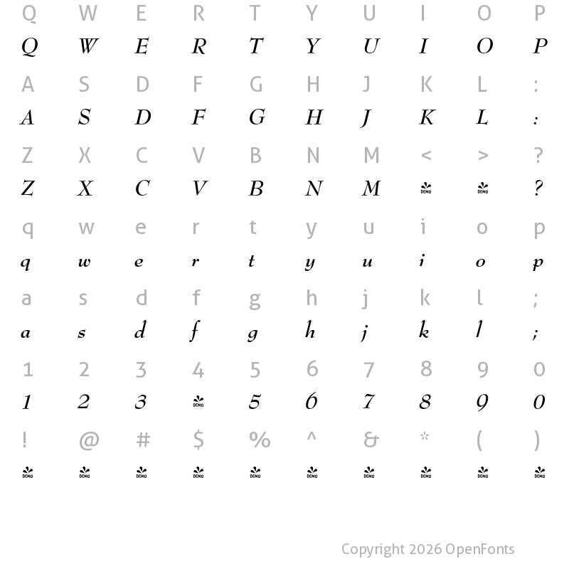Character Map of FONTSPRING DEMO - Bernhard Modern FS Bold Italic