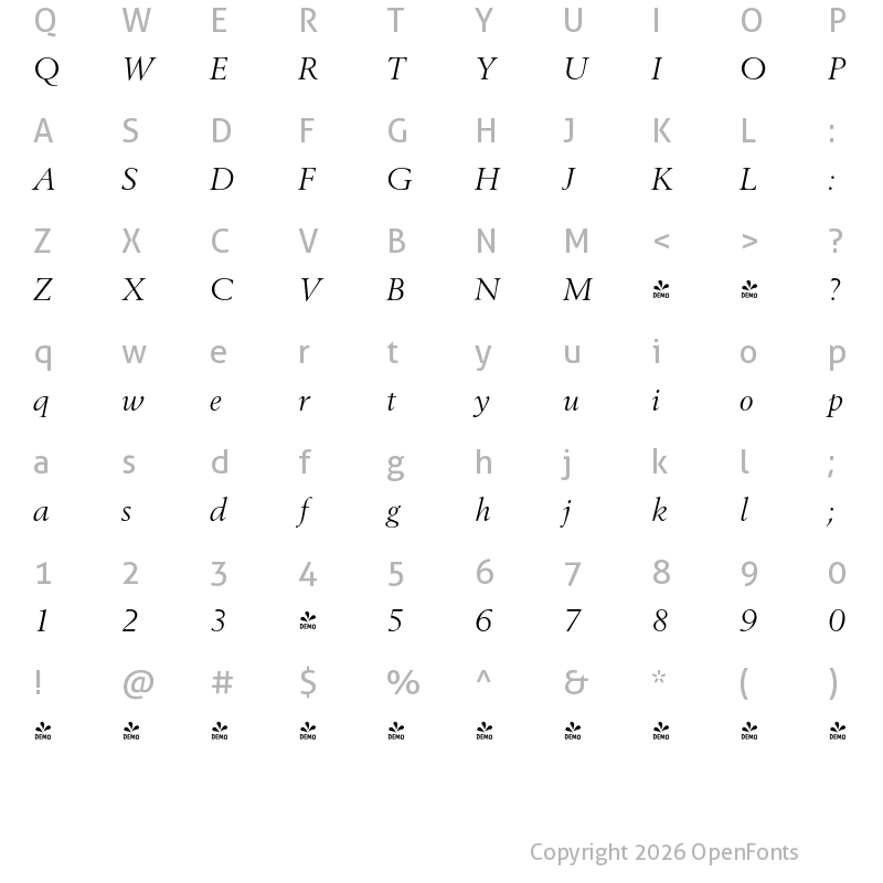Character Map of FONTSPRING DEMO - Bestseller Pro Italic
