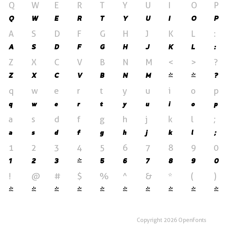 Character Map of FONTSPRING DEMO - Betm ExtBlk Italic