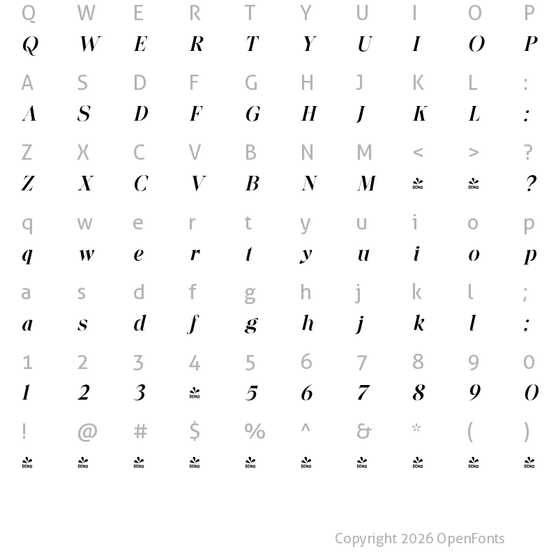 Character Map of FONTSPRING DEMO - Between Days Italic