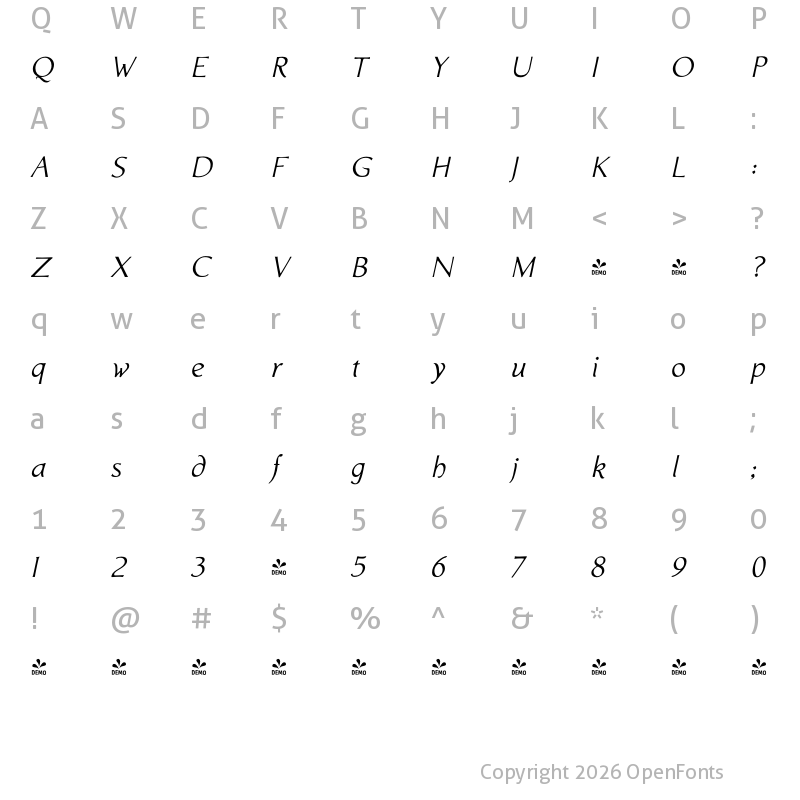 Character Map of FONTSPRING DEMO - Biblia Italic