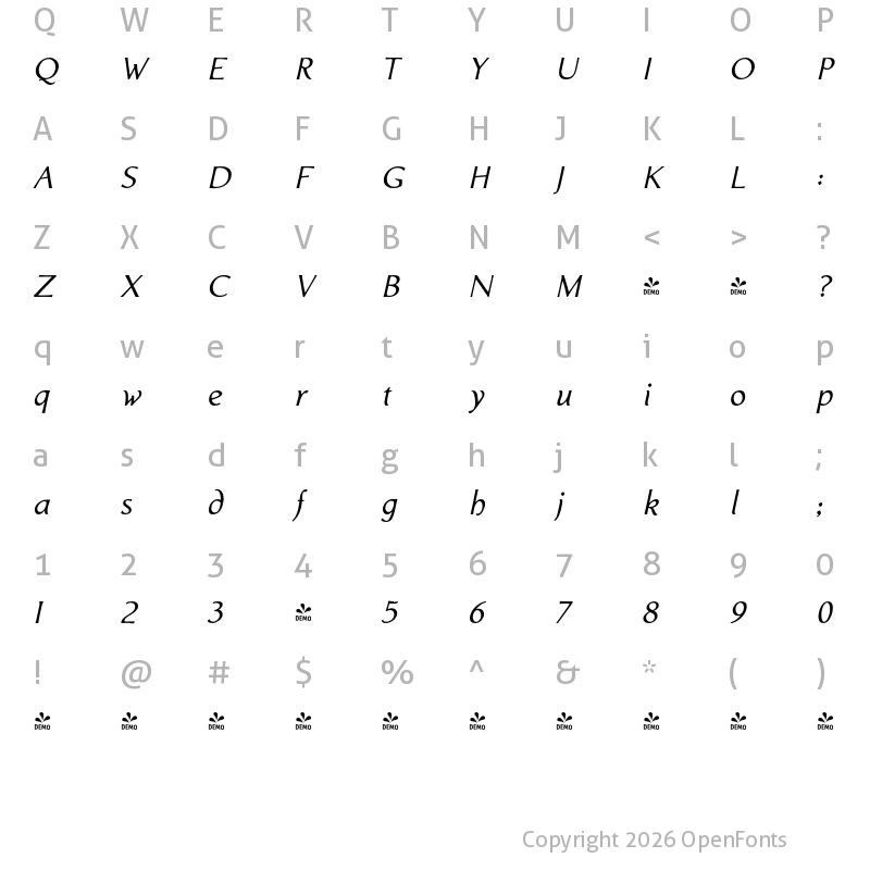 Character Map of FONTSPRING DEMO - Biblia Medium Italic