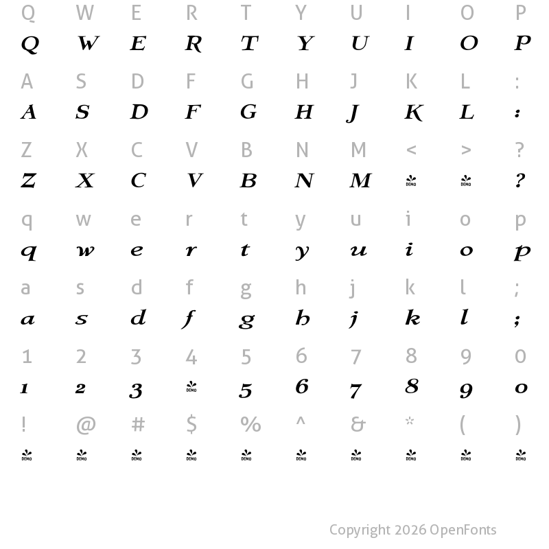 Character Map of FONTSPRING DEMO - Biblia Serif Display Medium Italic