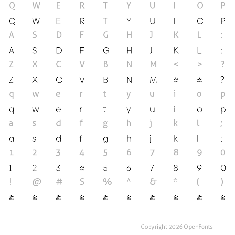Character Map of FONTSPRING DEMO - Biennale Light Regular