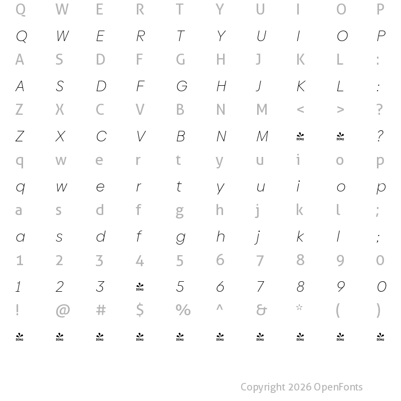 Character Map of FONTSPRING DEMO - Biennale UltraLight It Regular