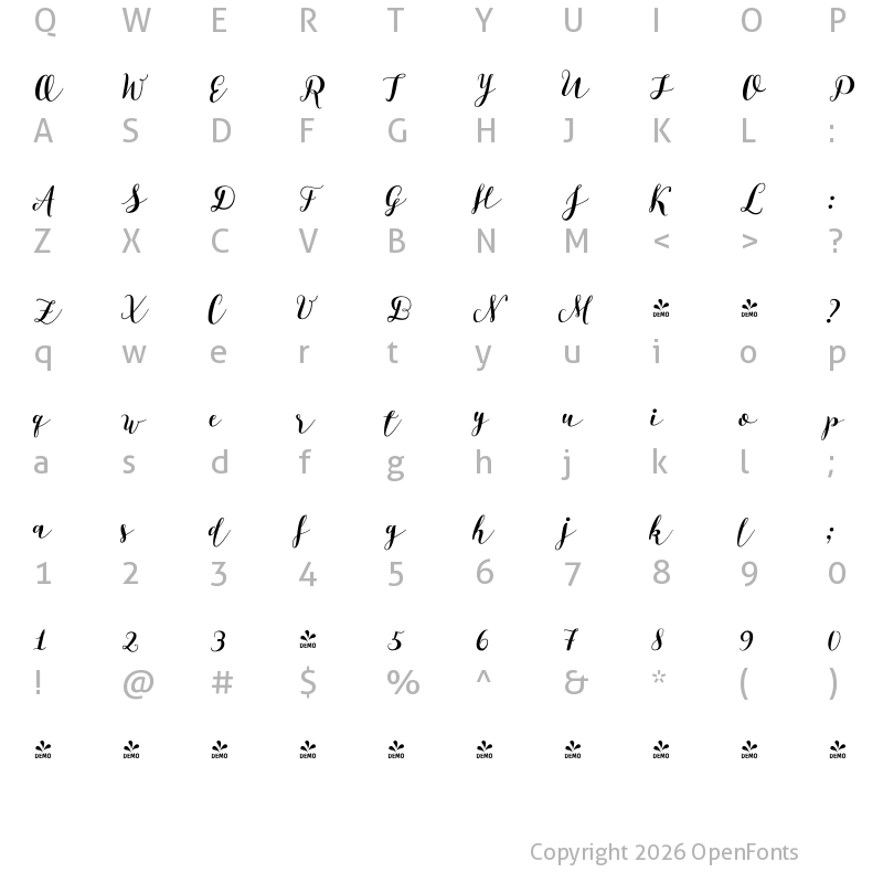 Character Map of FONTSPRING DEMO - Bikini Season Script Regular