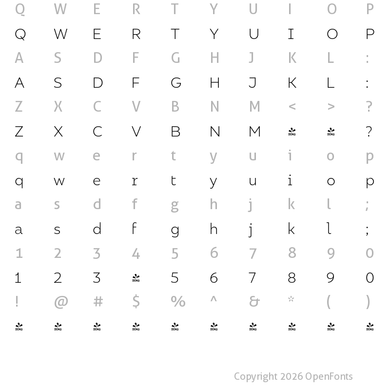 Character Map of FONTSPRING DEMO - Bilbao Light Regular