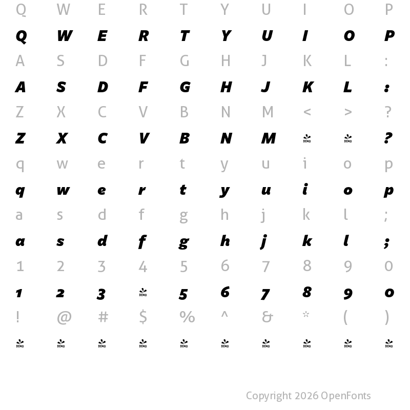 Character Map of FONTSPRING DEMO - Billie Black Italic