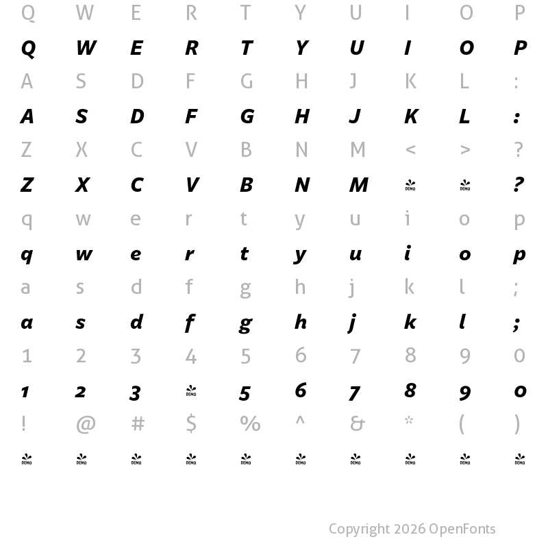 Character Map of FONTSPRING DEMO - Billie Bold Italic