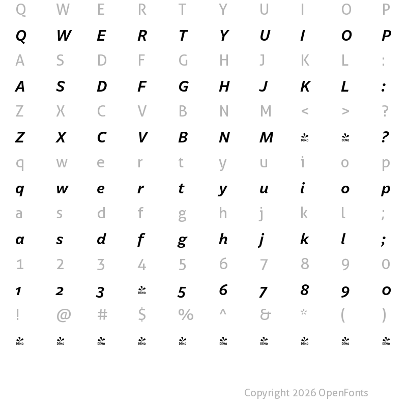 Character Map of FONTSPRING DEMO - Billie SemiBold Italic