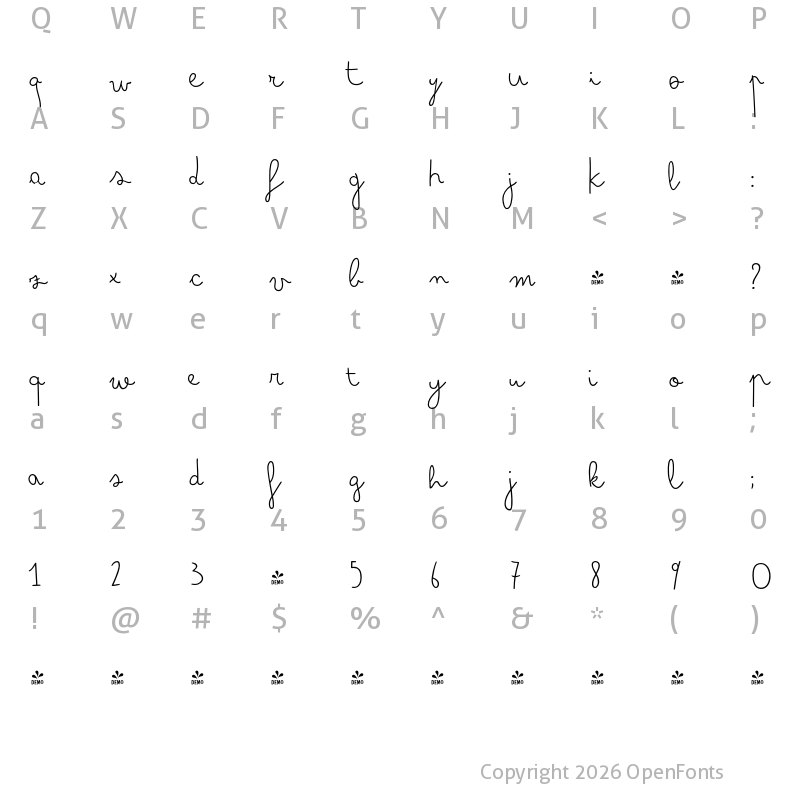 Character Map of FONTSPRING DEMO - Bimbo Finetip Regular