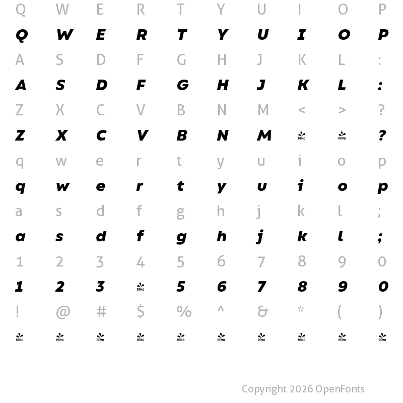 Character Map of FONTSPRING DEMO - Bion Bold Italic