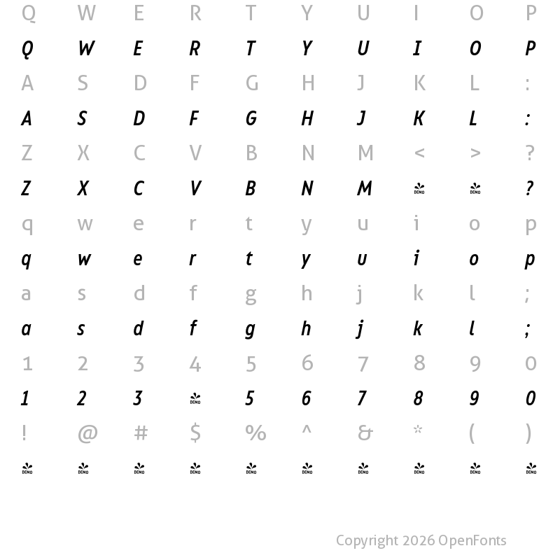 Character Map of FONTSPRING DEMO - Bion Medium Cond Italic