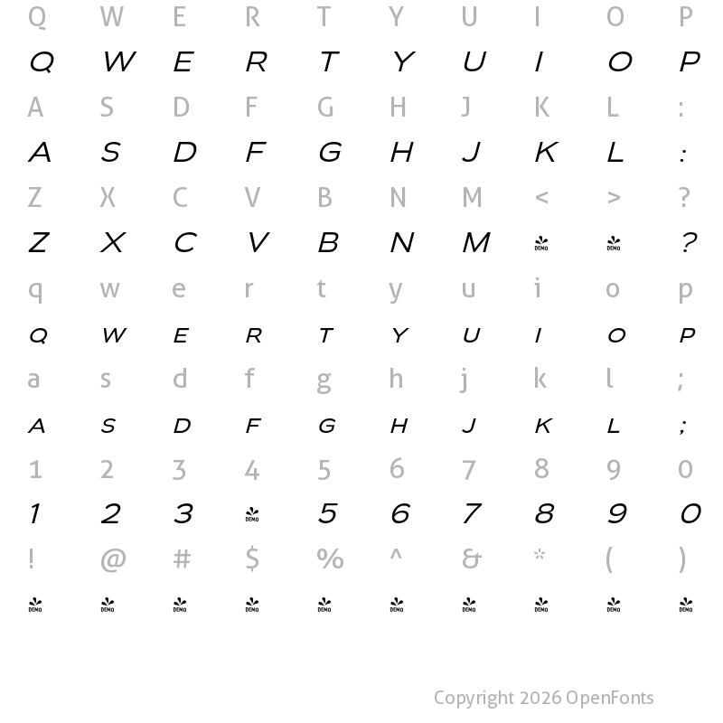 Character Map of FONTSPRING DEMO - Biondi Sans Bk Italic