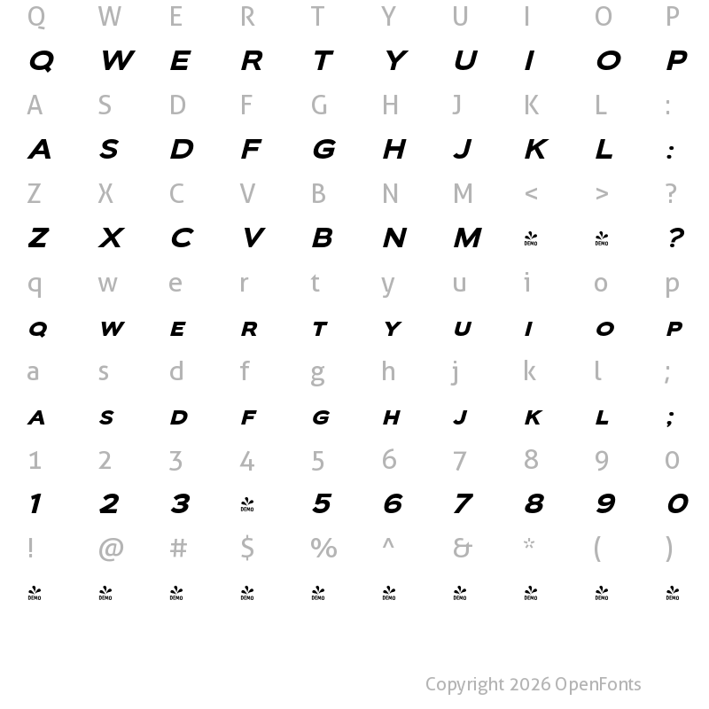 Character Map of FONTSPRING DEMO - Biondi Sans Rg Bold Italic