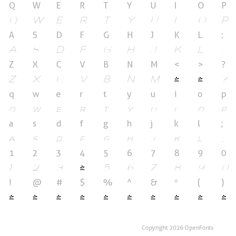 Character Map of FONTSPRING DEMO - Biondi Sans Ul Italic