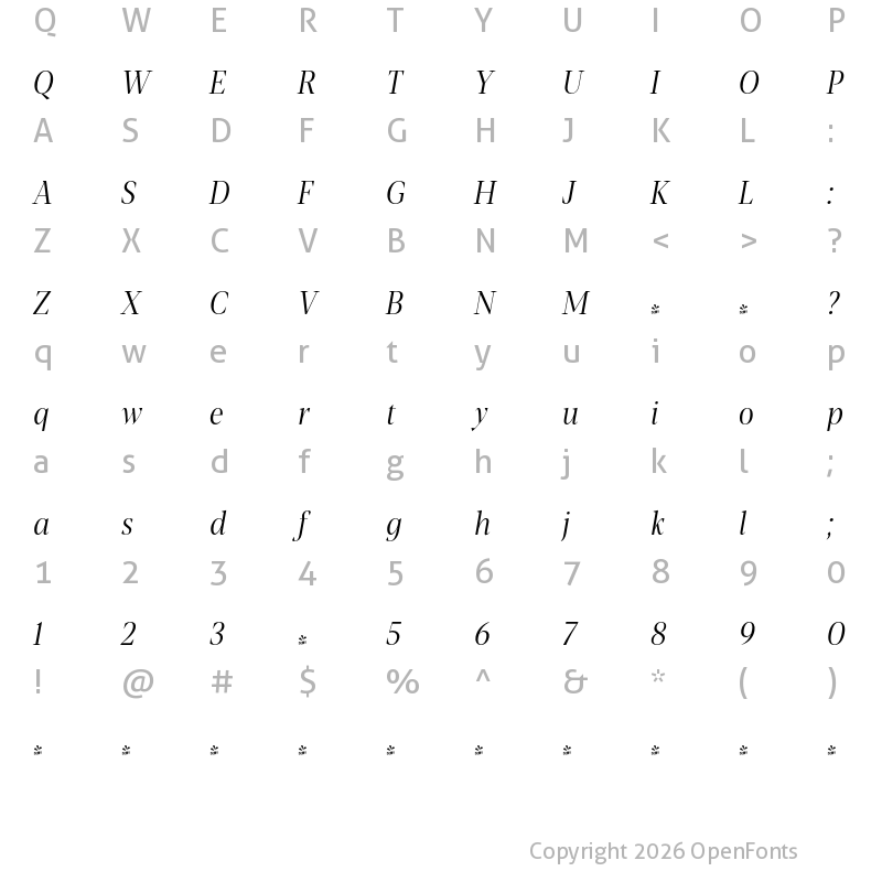 Character Map of FONTSPRING DEMO - Blacker Pro Cond Dis Lt Italic