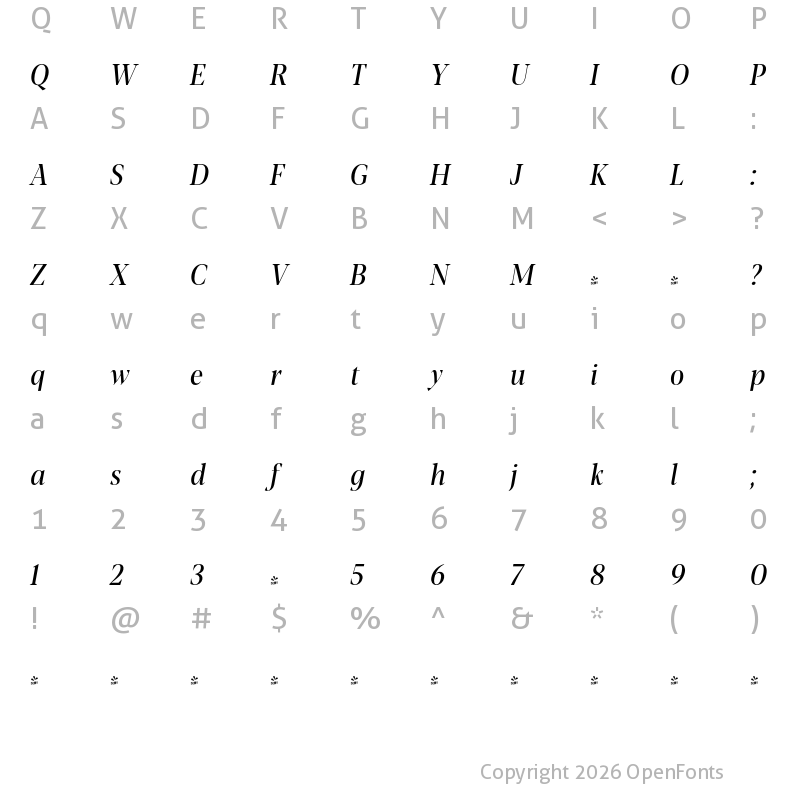 Character Map of FONTSPRING DEMO - Blacker Pro Cond Dis Rg Italic