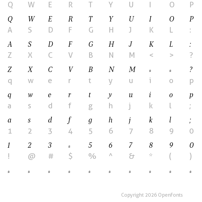 Character Map of FONTSPRING DEMO - Blacker Pro Cond Tx Bk Italic