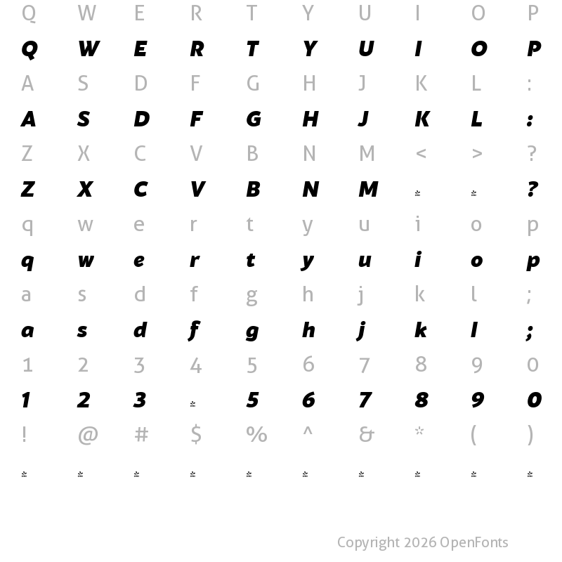 Character Map of FONTSPRING DEMO - Blacker Sans Pro Heavy Italic