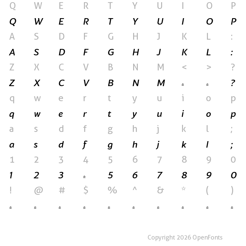 Character Map of FONTSPRING DEMO - Blacker Sans Pro Medium Italic
