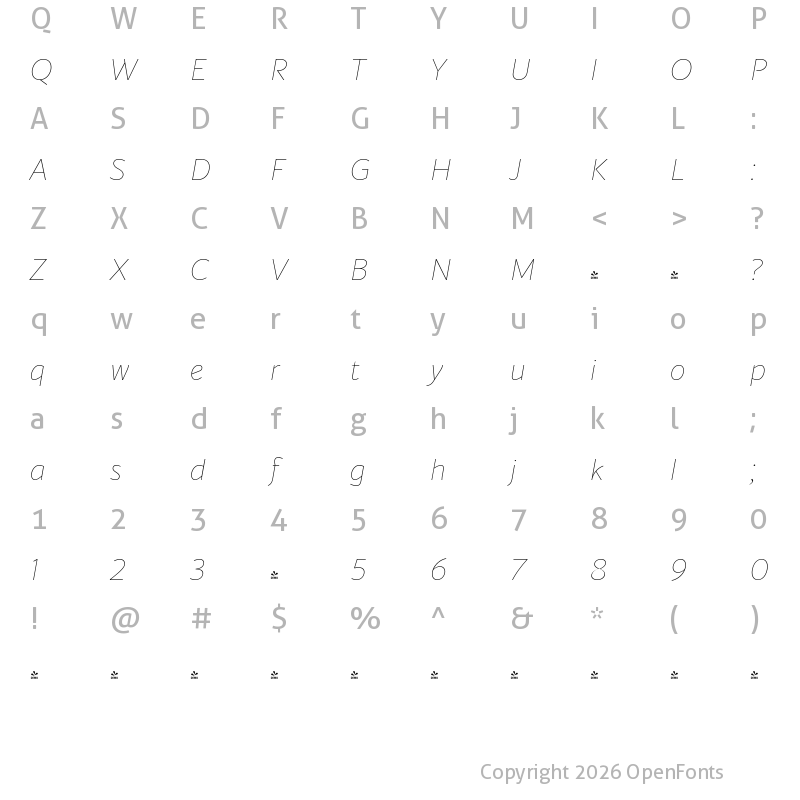 Character Map of FONTSPRING DEMO - Blacker Sans Pro Thin Italic