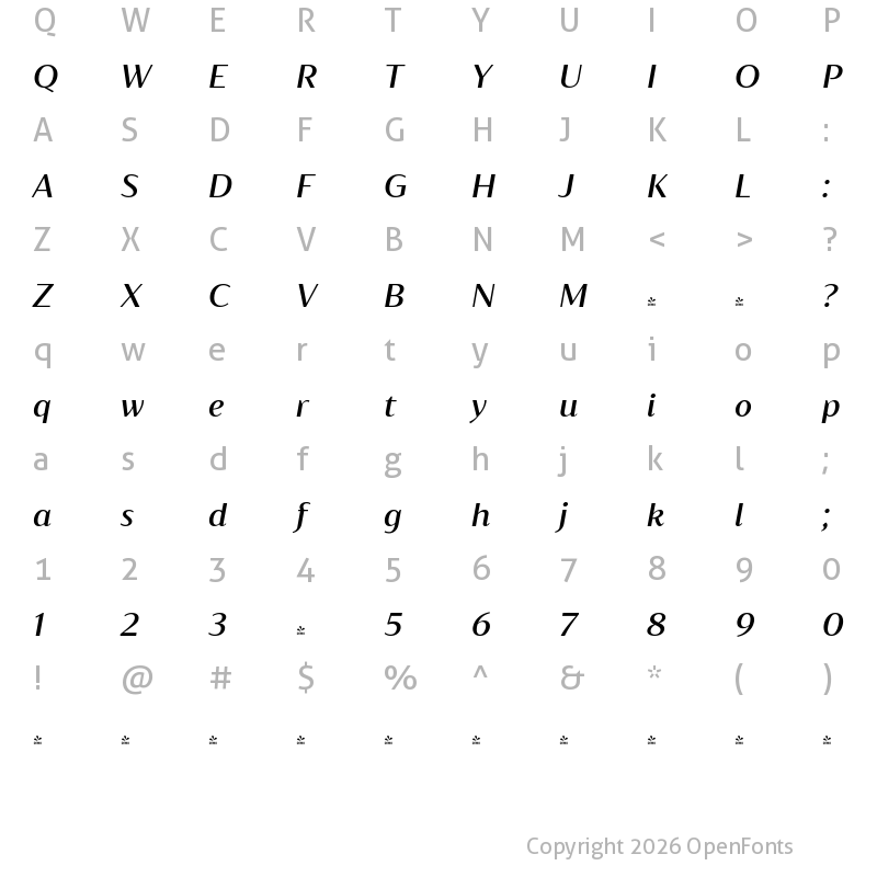 Character Map of FONTSPRING DEMO - Blacker Sans Text Medium Italic