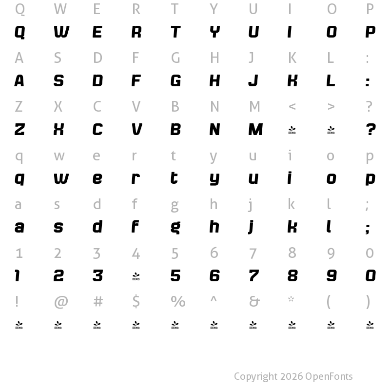 Character Map of FONTSPRING DEMO - Bladi Two 4F Bold Italic