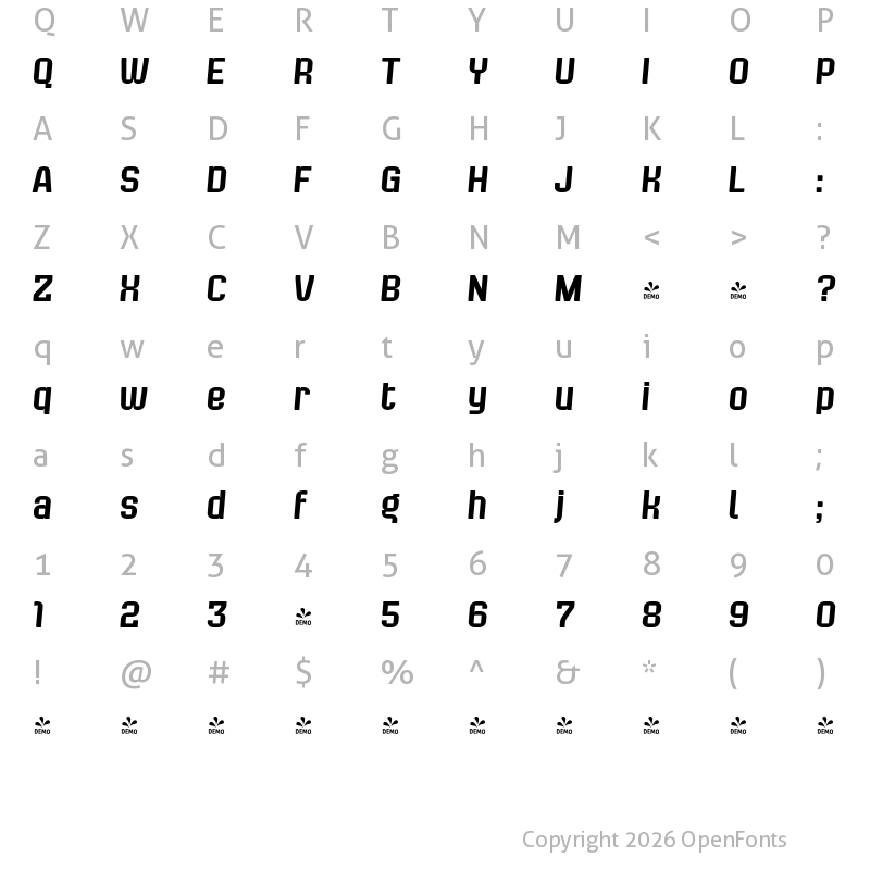 Character Map of FONTSPRING DEMO - Bladi Two Condensed 4F Italic