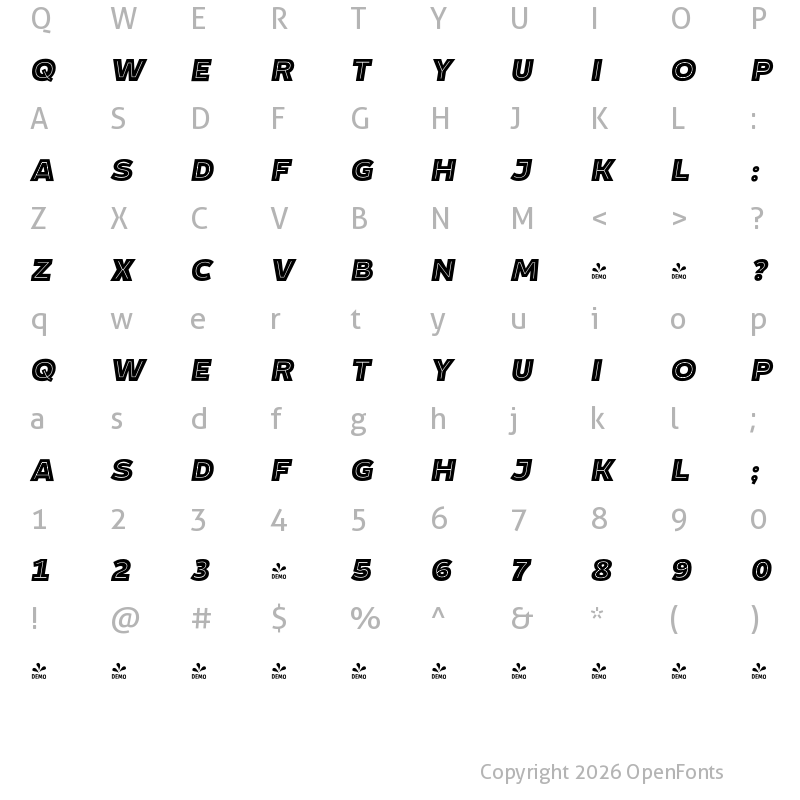 Character Map of FONTSPRING DEMO - Blanc inline Heavy Italic