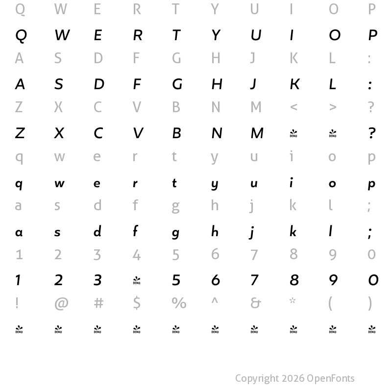 Character Map of FONTSPRING DEMO - Blauth Medium It Regular