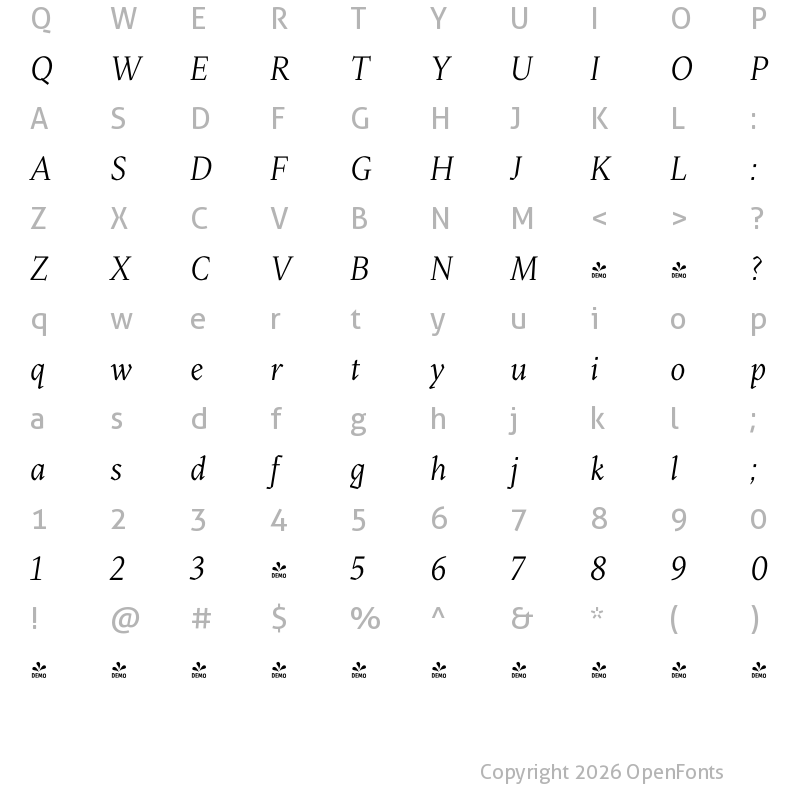 Character Map of FONTSPRING DEMO - Blizka Italic