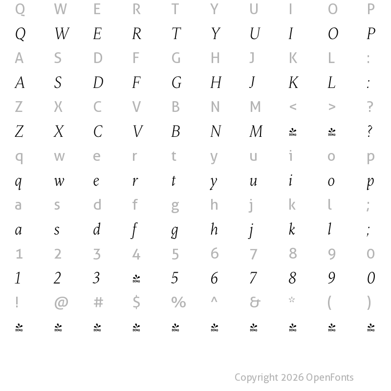 Character Map of FONTSPRING DEMO - Blizka Light Italic