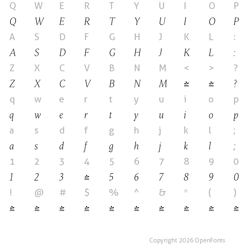 Character Map of FONTSPRING DEMO - Blizka UltraLight Italic