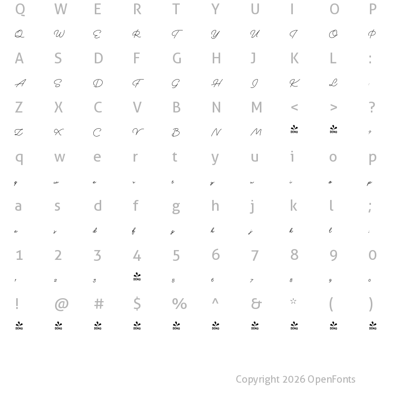 Character Map of FONTSPRING DEMO - Boardwalk Ave Pen Bold