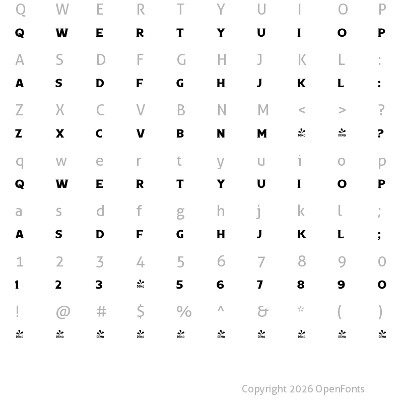 Character Map of FONTSPRING DEMO - Boardwalk Ave Srf Bold