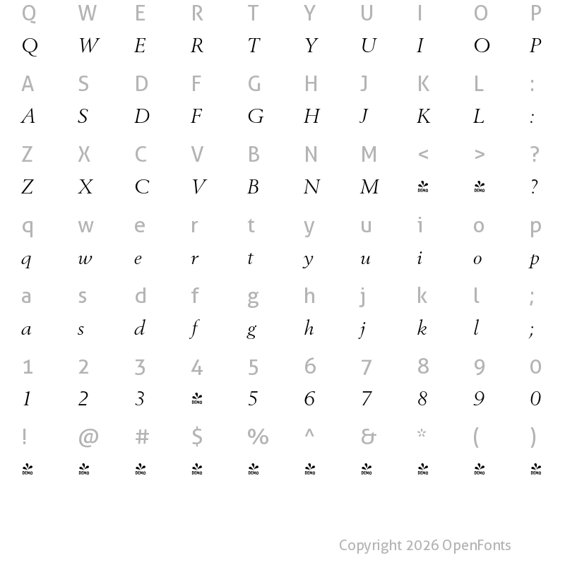 Character Map of FONTSPRING DEMO - Boden Pro Italic