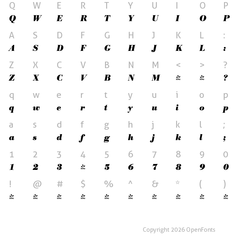 Character Map of FONTSPRING DEMO - Bodoni Antiqua Pro Bold Italic
