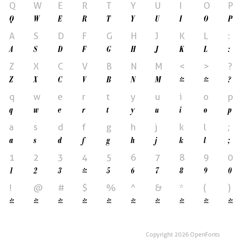 Character Map of FONTSPRING DEMO - Bodoni Antiqua Pro Cd Demi Italic