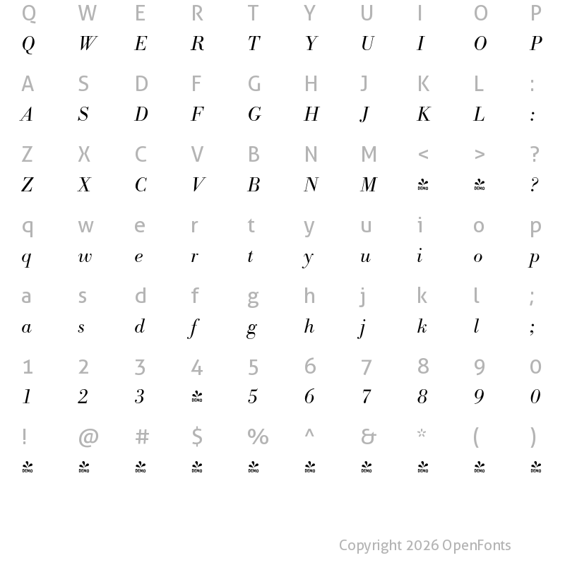 Character Map of FONTSPRING DEMO - Bodoni Antiqua Pro Light Italic