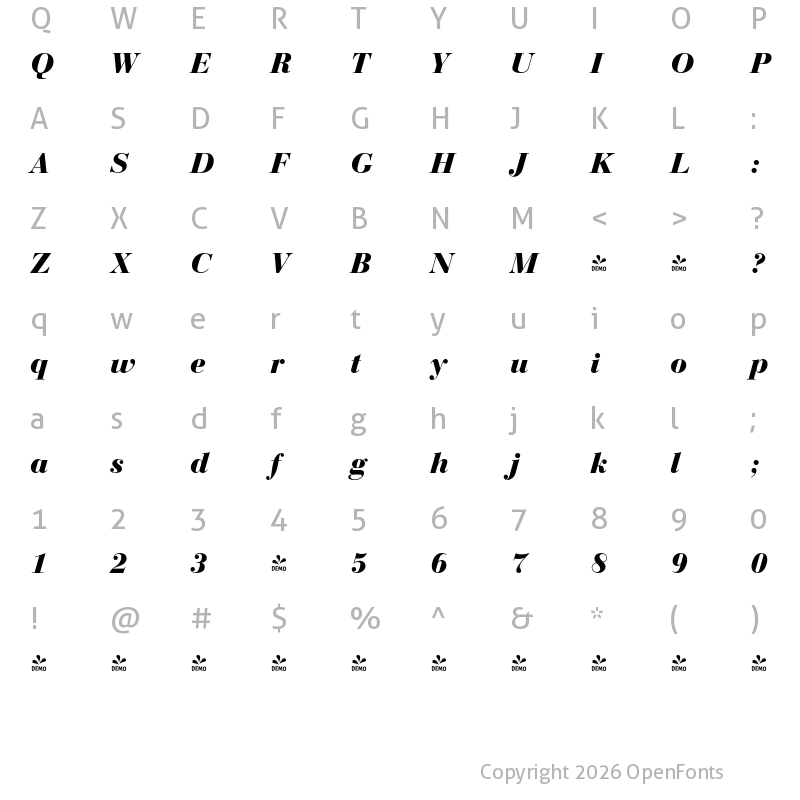 Character Map of FONTSPRING DEMO - Bodoni Display FS Bold Italic