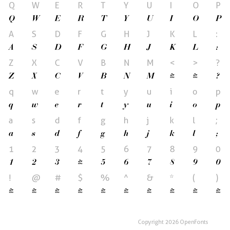 Character Map of FONTSPRING DEMO - Bodoni Display FS Demi Italic